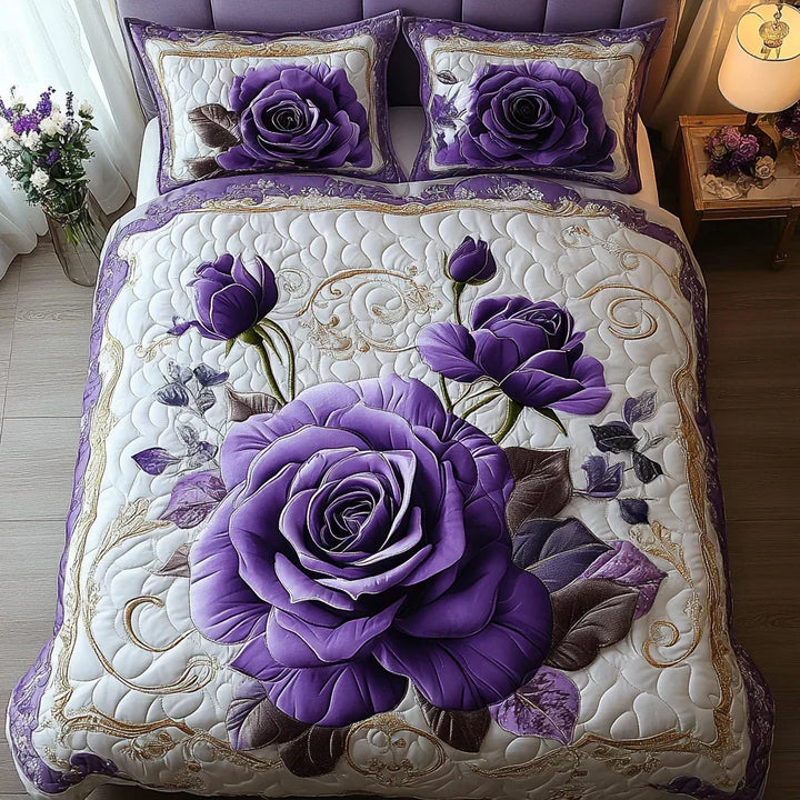 Quilted 3-Piece Bedding Set - Purple Rose