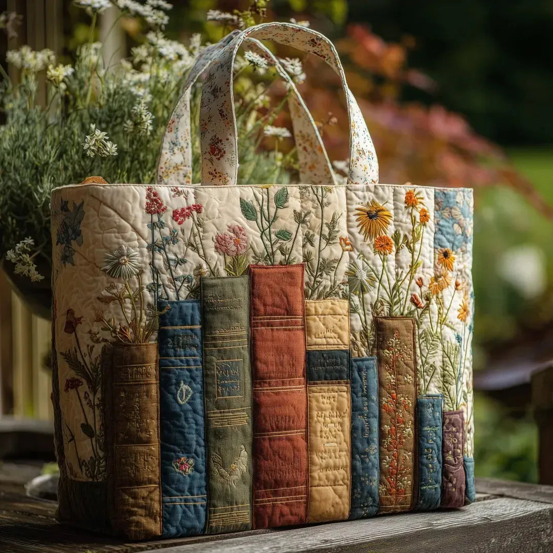 Handmade Quilted Bag - Books and Flowers