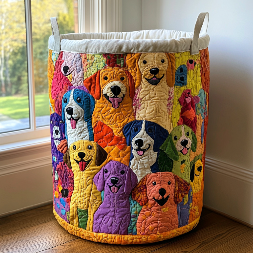 Quilted Laundry Basket - Bright Dogs