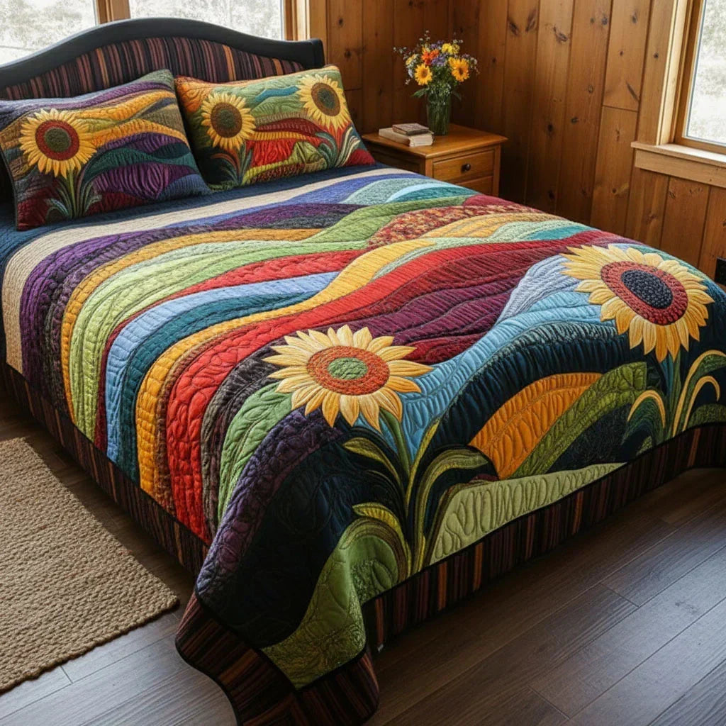 Quilted 3-Piece Bedding Set - Sunflower Field