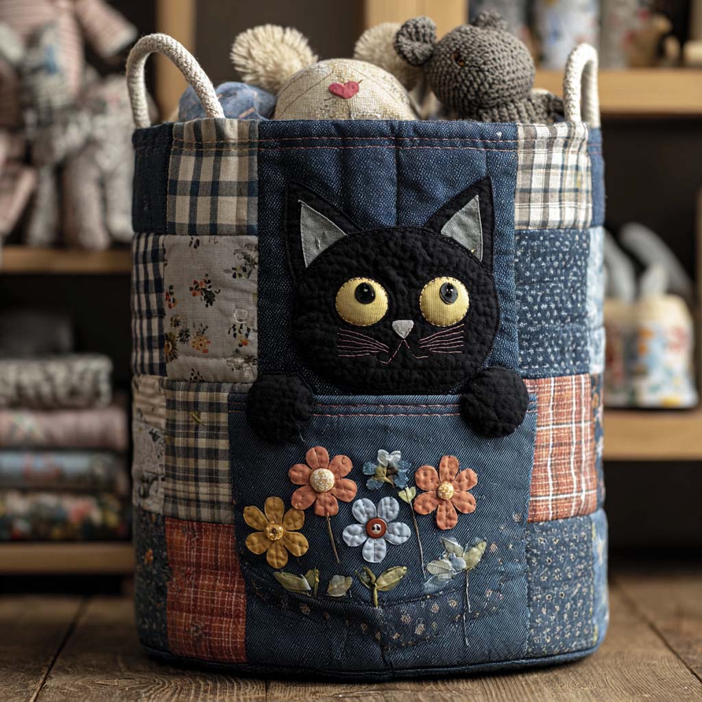 Quilted Laundry Basket - Denim Kitty