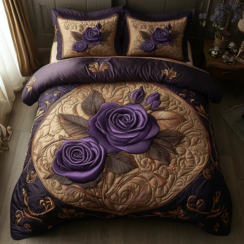 Quilted 3-Piece Bedding Set - Purple Rose