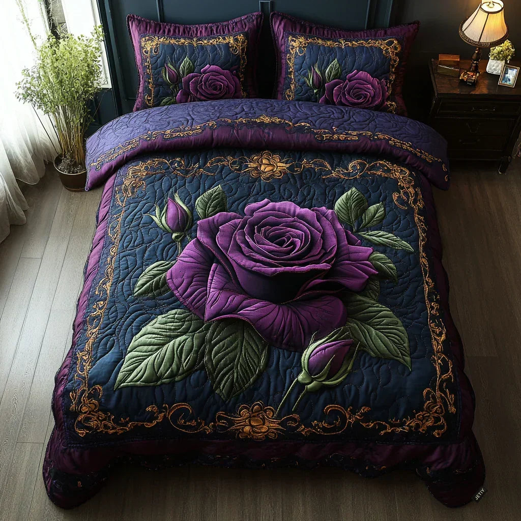 Quilted 3-Piece Bedding Set - Purple Rose