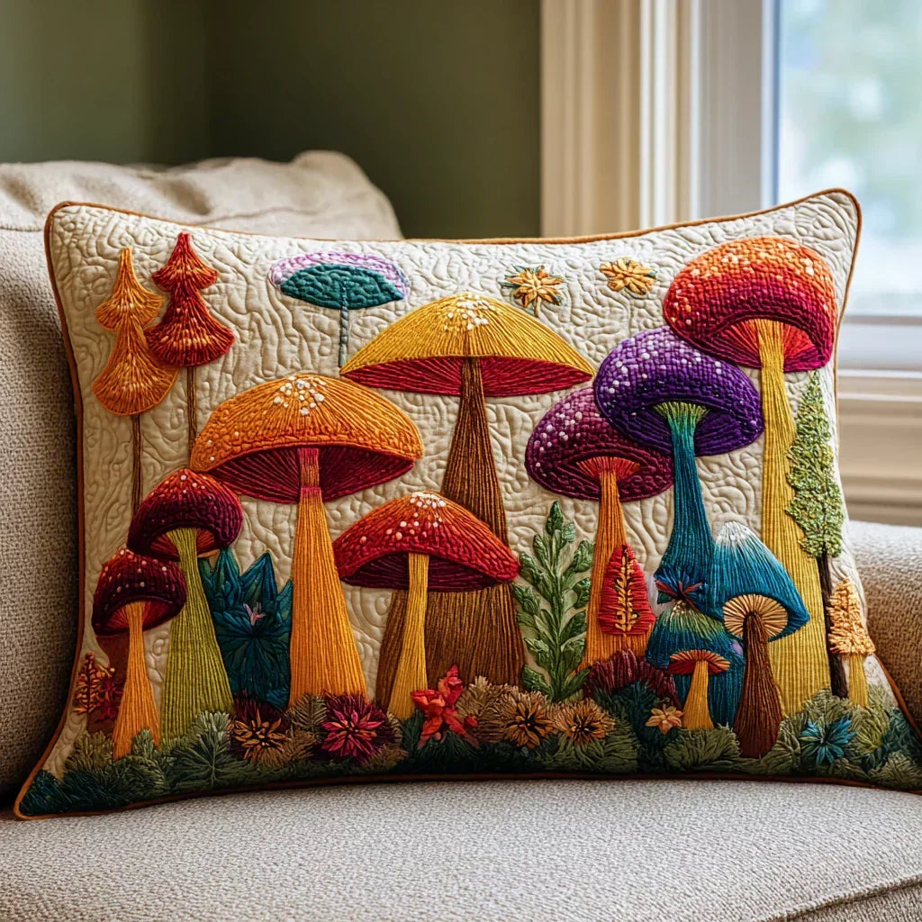 Quilted Cushion Cover - Mushroom Garden