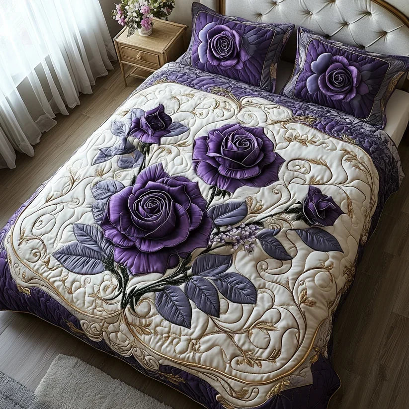 Quilted 3-Piece Bedding Set - Purple Rose
