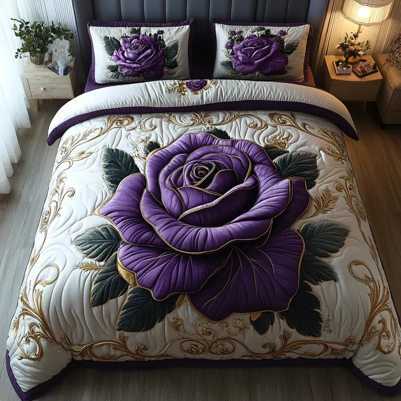 Quilted 3-Piece Bedding Set - Purple Rose
