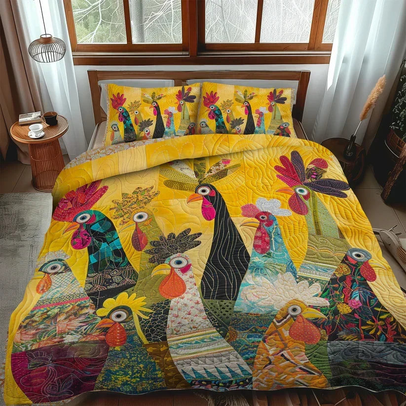 Quilted 3-Piece Bedding Set - Roosters at Dawn