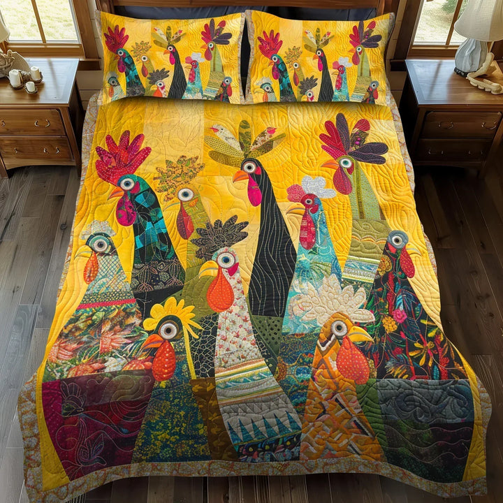 Quilted 3-Piece Bedding Set - Roosters at Dawn
