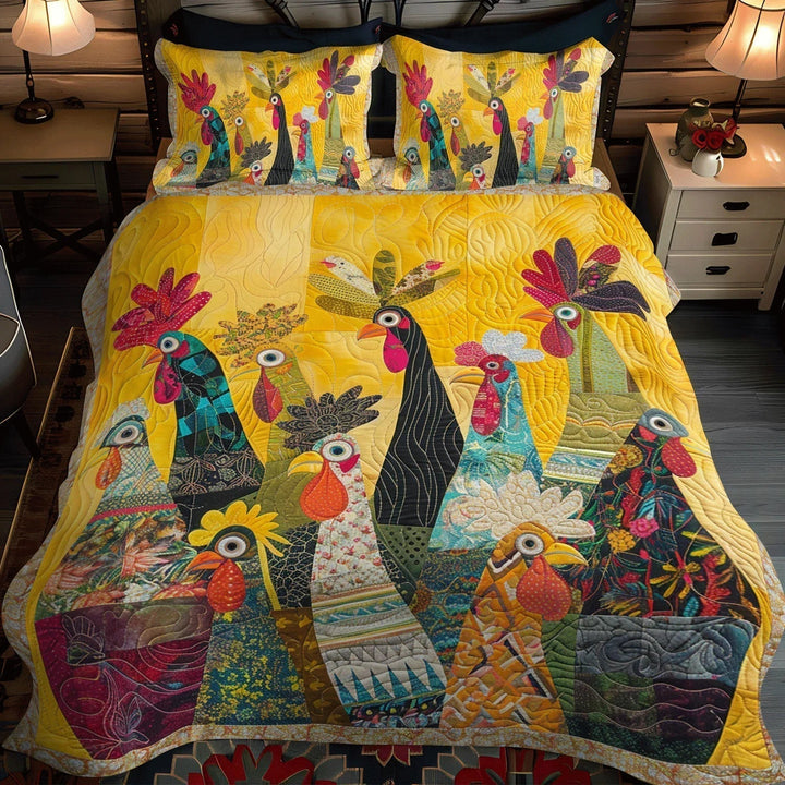 Quilted 3-Piece Bedding Set - Roosters at Dawn