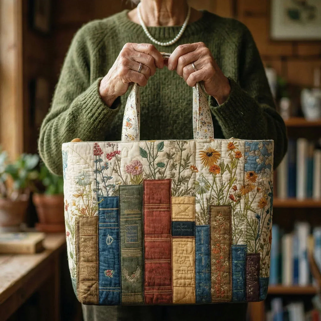 Handmade Quilted Bag - Books and Flowers